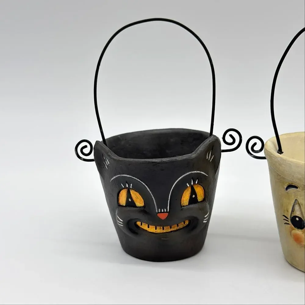 Bethany Lowe Johanna Parker 2 Boo & Cat Teeny Halloweenie Pail Ornaments NEW
